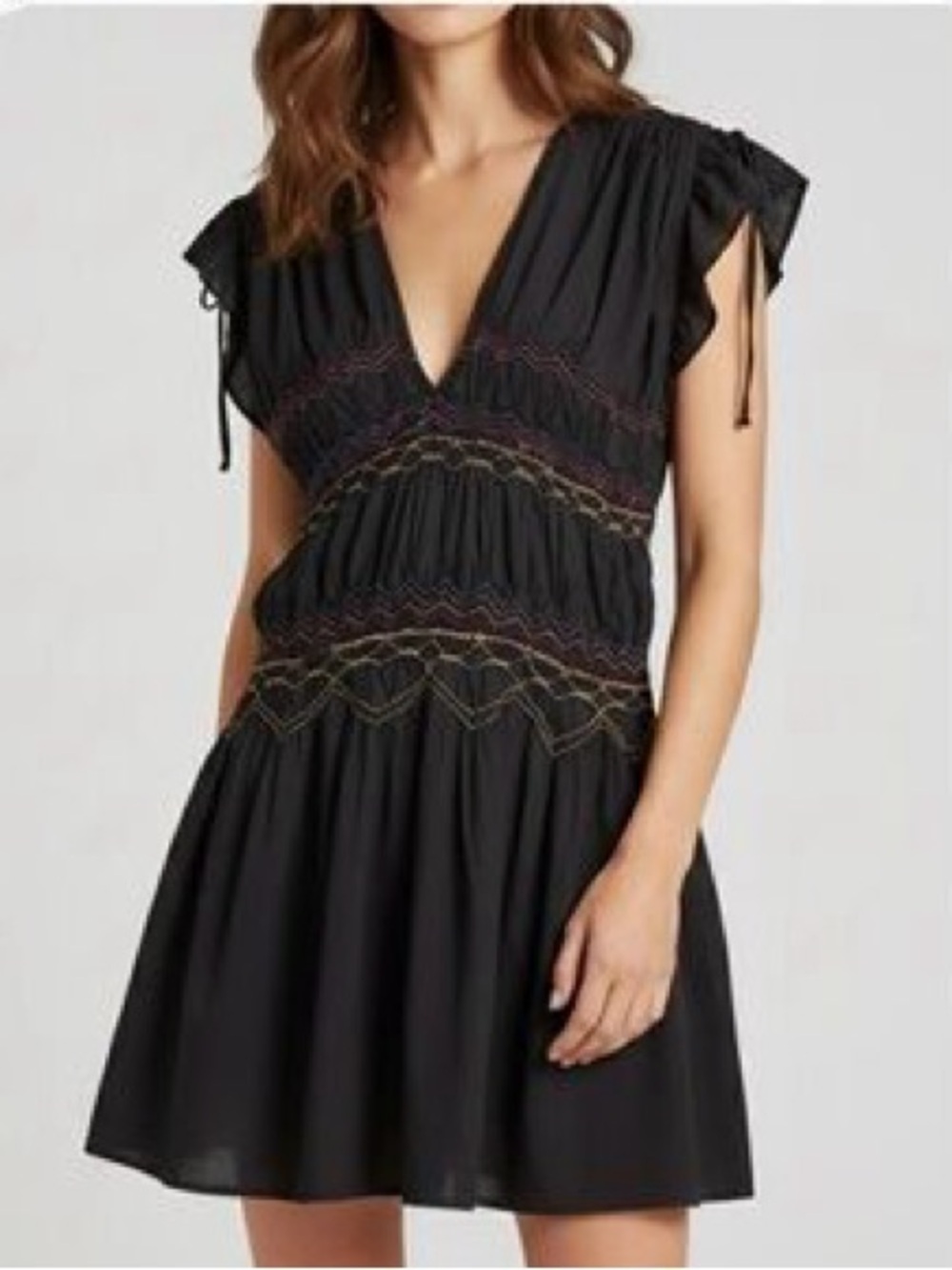 Free People Sz Md Womens Rainbow Smocked Embroidered Boho Indie Dress - Black